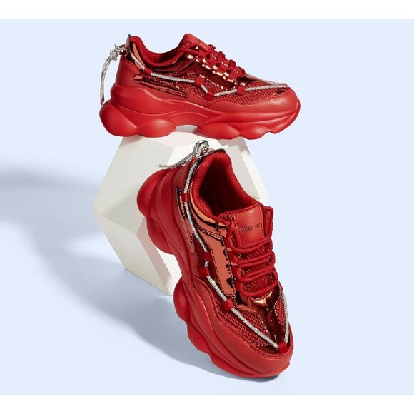 Women's Red 90s Chunky Sneakers Sparkly Bling Rhinestone Rope Platform Shoes - Picture 6 of 9